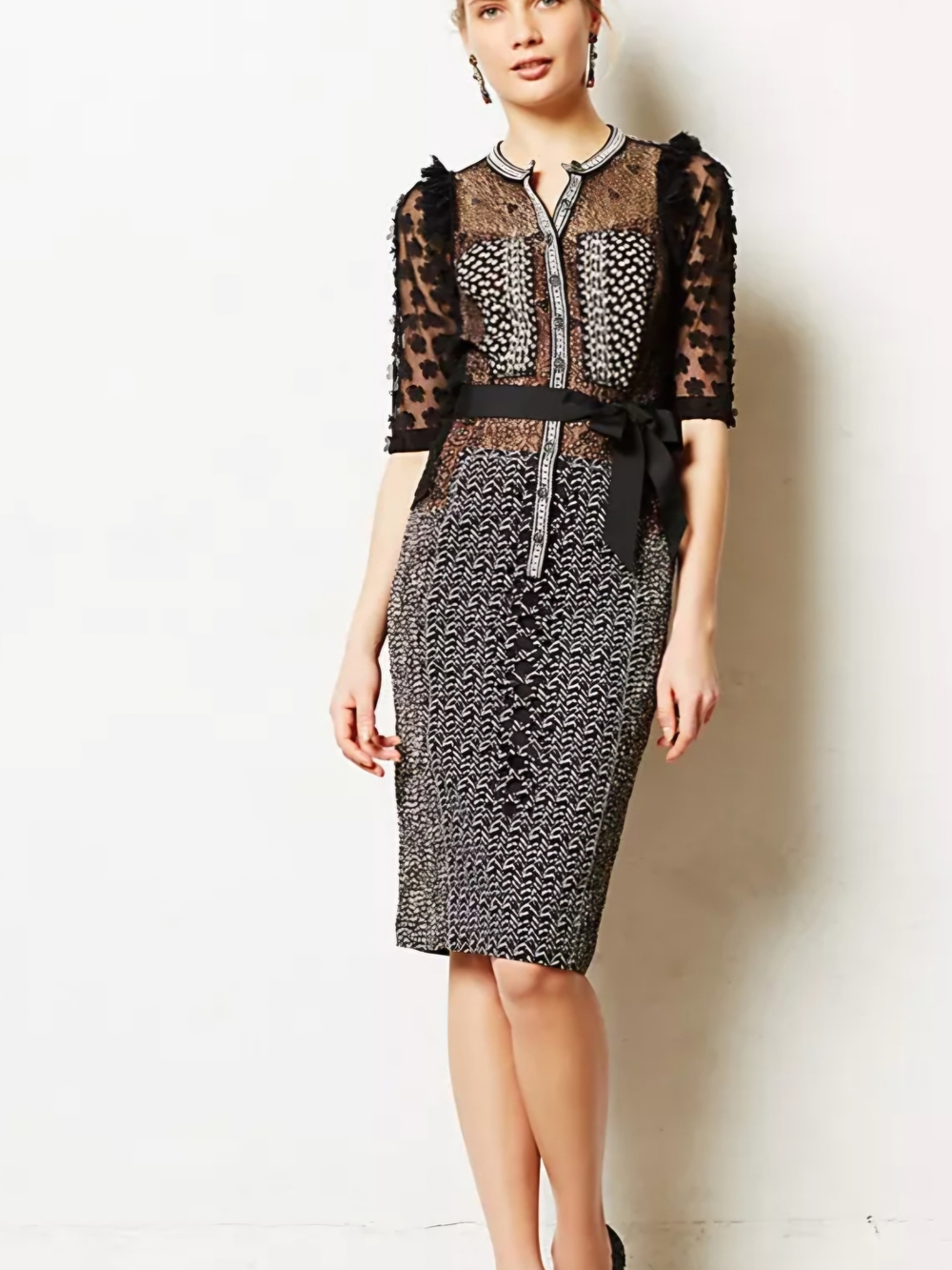 Byron Lars  Lace-Accent Dress with Belt